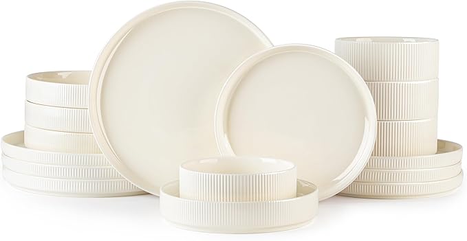 TheTerra Ceramic Dinnerware Sets with Pasta Bowls for 4, 16 Pieces Porcelain Lightweight Speckled Plates and Bowls Sets, Scratch Resistant Dish Set, Oven & Microwave & Dishwasher Safe, Beige