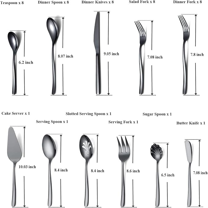 Black Stainless Steel Flatware Set 46 Piece, Cutlery & Utensil Set - Cake Server, Serving Spoon, Fork, Sugar Spoon, Butter Knife (Shiny Black)