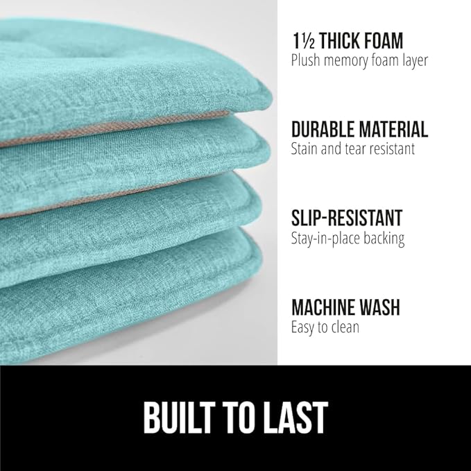 GORILLA GRIP Slip Resistant Tufted Chair Cushions, No Ties Required, Memory Foam Pads for Dining Room Kitchen Table Office Rocking Chairs, Plush Seat Cushion Pad, Home Decor, Set of 4 16x17, Turquoise