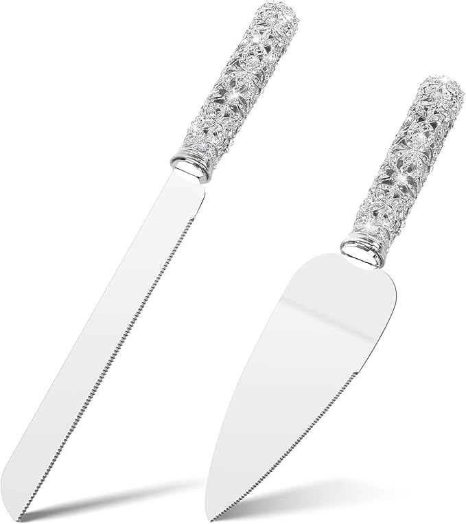 Wedding Cake Knife and Server Set - 2 Piece Dessert Set Metal Handle with Crystal Stones Decoration for Wedding, Anniversary Party Birthday Banquets and Gifts for Bride and Groom