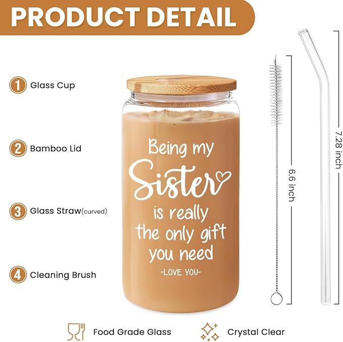 SANDJEST Sister Gift, Funny Sister Coffee Cup, 16 Oz Bamboo Lid & Straw - Gifts for Women, Birthday, Christmas