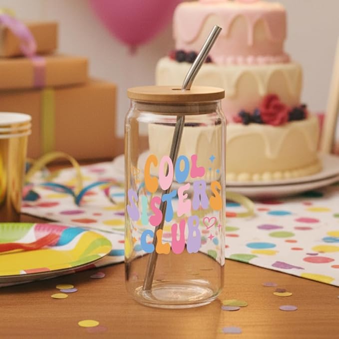 Cool Sister Club,Cute Sister Birthday Gifts for Women,Christmas,Thanksgiving Gifts for Sisters in Law,Big Sis,Little Sis,16oz Glass Coffee Cups with Lids and Straw -65