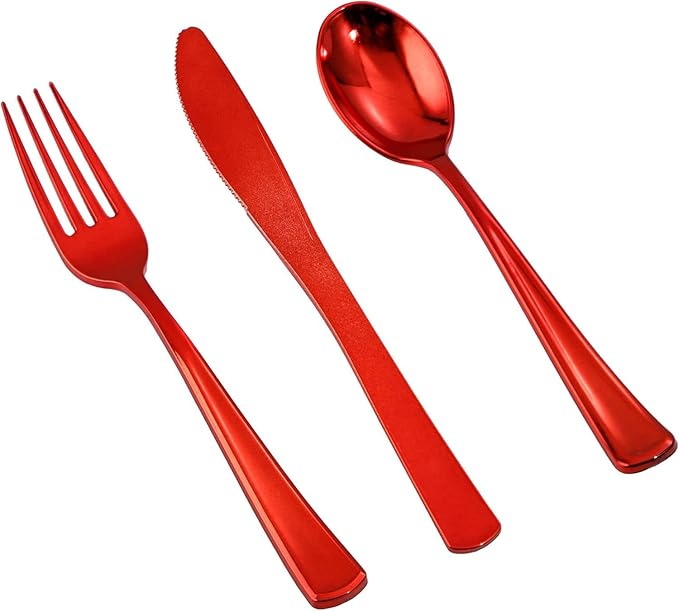 NOCCUR 180PCS Red Plastic Silverware Set - Red Flatware Set Heavy Duty - Include 60 Forks, 60 Spoons, 60 Knives - Ideal for Christmas Party