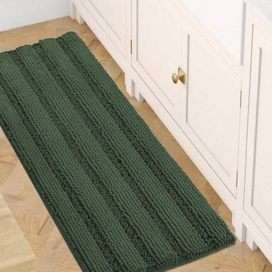 H.VERSAILTEX Bath Rugs for Bathroom Non Slip Bath Mats Extra Thick Chenille Striped Bath Rug Runners 47" x 17" Absorbent Fluffy Soft Shaggy Mats Dry Fast Plush Area Carpet for Bath Room - Bronze Green