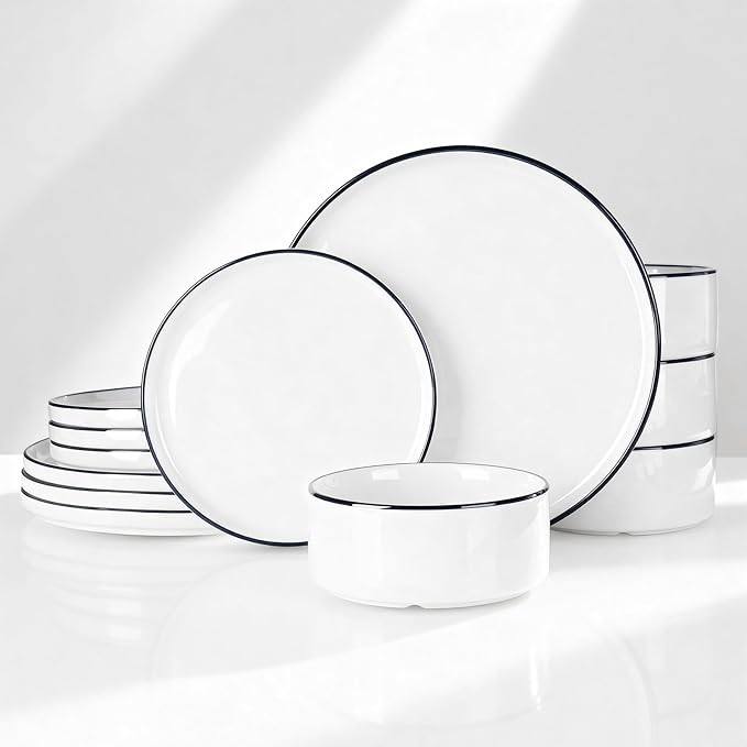 Famiware Porcelain Dinnerware Set, 12-Piece Modern Plate and Bowl Set, Dish Set for 4, Microwave and Dishwasher Safe Tableware, White with Black Trim