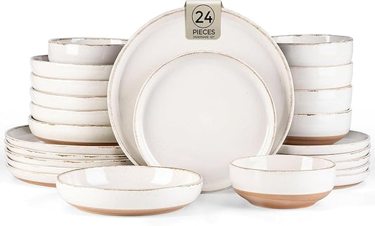 AmorArc Ceramic Dinnerware Sets with Pasta Bowls for 6, Handpainted Plates and Bowls Set with Rustic Terracotta Underside, Scratch Resistant Dishes Set, Dishwasher & Microwave Safe, 24 Pcs