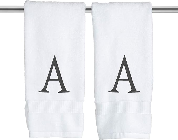 Dark Gray Monogrammed Hand Towels for Bathroom - Luxury Hotel Quality Personalized Initial Decorative Embroidered Towel for Powder Room, Spa - GOTS Organic Certified - Set of 2 Letter A
