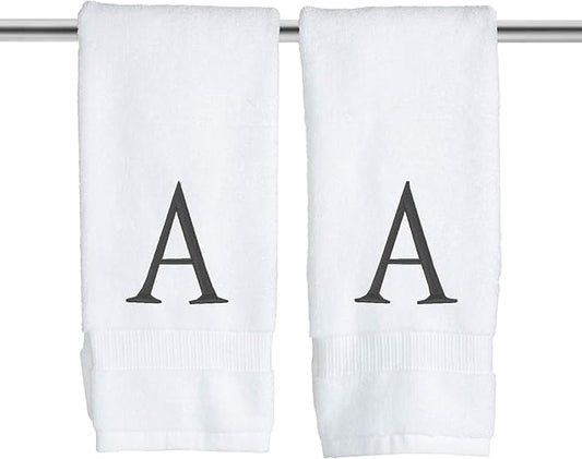 Dark Gray Monogrammed Hand Towels for Bathroom - Luxury Hotel Quality Personalized Initial Decorative Embroidered Towel for Powder Room, Spa - GOTS Organic Certified - Set of 2 Letter A