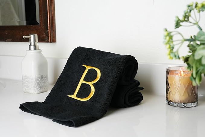 Black and Gold Bathroom Hand Towel - Monogrammed Luxury Hotel Quality Decorative Embroidered Towel for Powder Room, Spa - GOTS Organic Certified - Pack of 2, Letter B