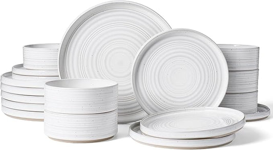 Plates and Bowls Sets for 6, Famiware Premium 18-Piece Stoneware Dinnerware Set, Spiral Dish Set with Straight Rim, Speckles & Reactive Glaze - Microwave & Dishwasher Safe Tableware, White