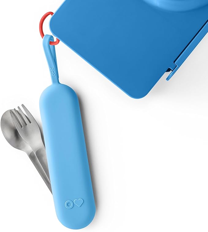 Omie OmieBox Travel Utensil Set | Fork and Spoon with Case for Easy Travel | Stainless Steel Fork and Spoon (Blue)