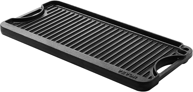 VEVOR Reversible Grill/Griddle, 20x10 inch Pre-Seasoned Cast Iron Griddle, Portable Rectangular Pan with Handle, Family Cookware for Indoor/Outdoor Stove Top Burner, Gas, Camping BBQ, Black