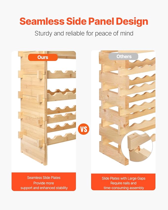 VEVOR 6-Tier 48 Bottles Stackable Modular Wine Rack, Freestanding Wines Holder Display Shelf, Solid Bamboo Wood Storage Racks, Wobble-Free Shelves for Kitchens, Dining Rooms, Cellars, Natural Color