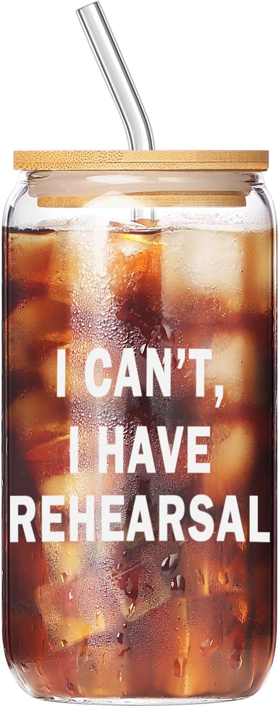 Theater Gifts, Musical Theater Gift, Broadway Gifts for Directors, Actors, Music Teachers, Musicians on Birthday Christmas - 17 Oz Drinking Glass Iced Can Glass Cup with Bamboo Lid and Straw