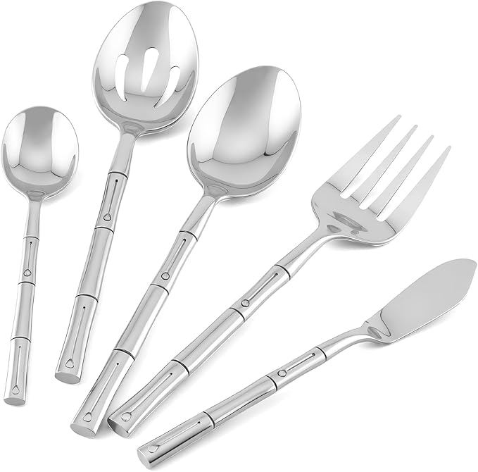 Flatware Serving Set Silverware Set Stainless Steel Cutlery Set Bamboo Pattern Mirror Finished 65 Pieces Party Event Use Wedding Housewarming Gift Service for 12