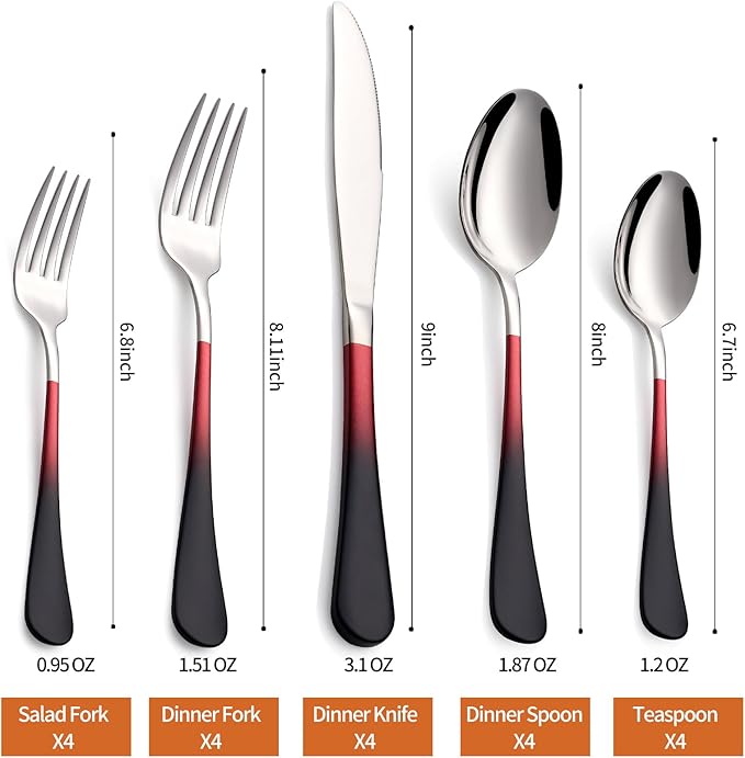 20 Piece Black Red and Silver 18/0 Flatware Utensil Set for 4, Include Dinner Knife,Dinner Forks,Dinner Spoons,Salad Forks,Teaspoons,Silverware Set for 4, Dishwasher Safe
