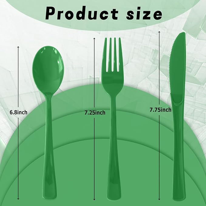 300 Pack Disposable Plastic Silverware, Heavy Duty Green Plastic Cutlery Set Includes 100 Forks 100 Knives 100 Spoons for Birthday Wedding Party Picnics (300, Green)