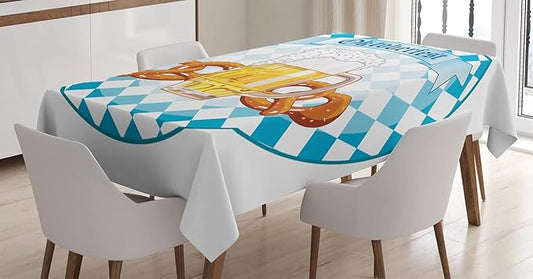 Ambesonne Oktoberfest Tablecloth, Round Oktoberfest Celebration Artwork Design with Beer Pretzels Print, Rectangular Table Cover for Dining Room Kitchen Decor, 60" X 84", Orange White