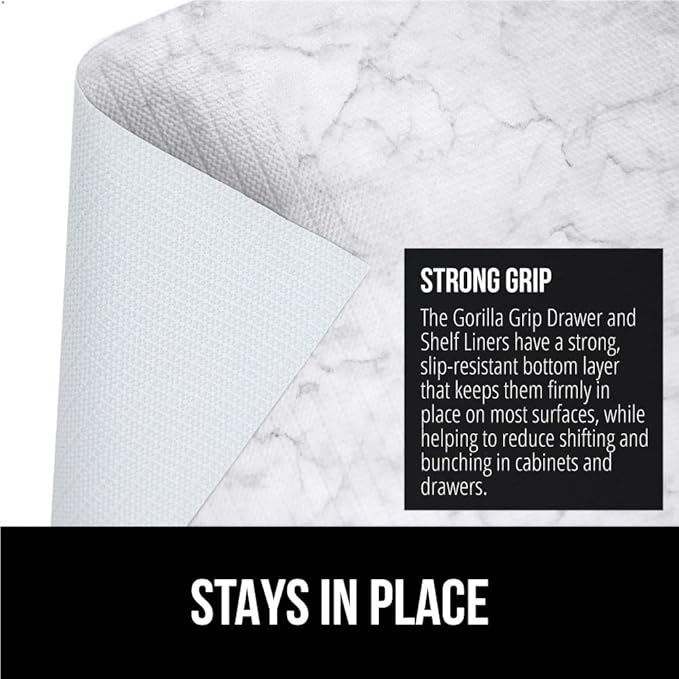 GORILLA GRIP DripGuard Shelf Liner, Non Adhesive Drawer and Kitchen Cabinet Protector, Slip Resistant BPA Free Smooth Surface Plastic Liners for Cabinets, Bathrooms, Closets, 12x240 Inch, Marble
