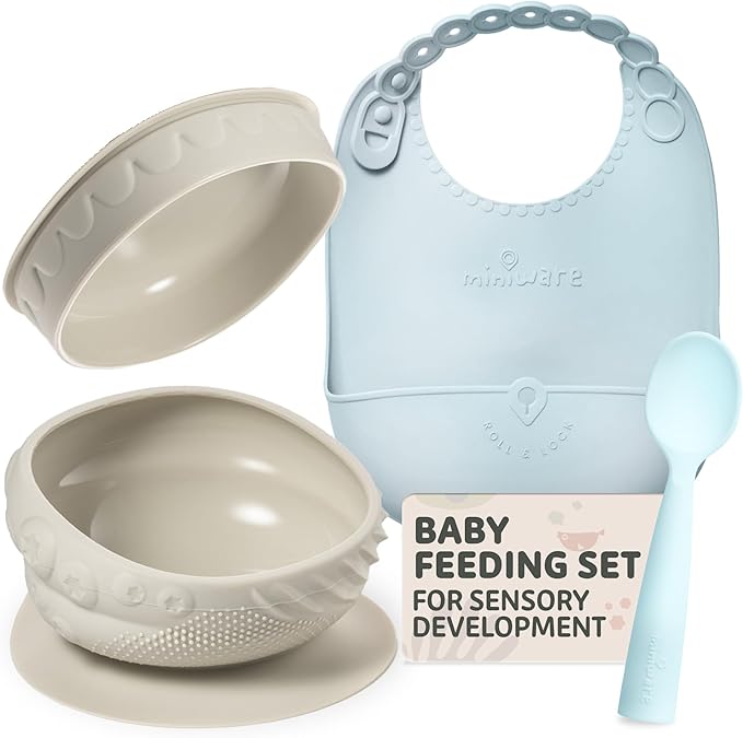 Miniware Sensory Starter Set with Sensory Baby Bowl, Baby Spoon, Roll & Lock Bib - Easy to Clean Baby Feeding Set to Promote Self-Feeding- Toddler Feeding Essentials - Oat
