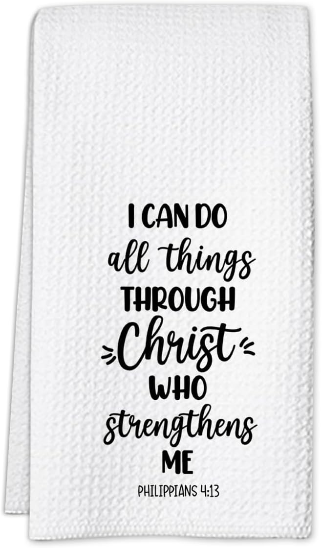Christian Kitchen Towels with Bible Verse, I Can Do All Things Through Christ Who Strengthens Me, 16x24 Waffle Weave Microfiber Dish Cloth, Religious Christian Gifts for Women Men Housewarming Decor