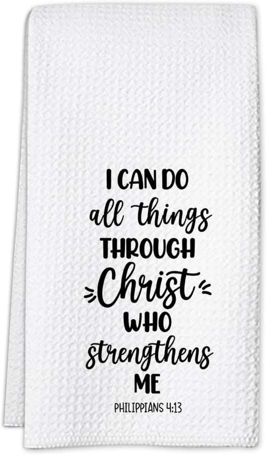 Christian Kitchen Towels with Bible Verse, I Can Do All Things Through Christ Who Strengthens Me, 16x24 Waffle Weave Microfiber Dish Cloth, Religious Christian Gifts for Women Men Housewarming Decor