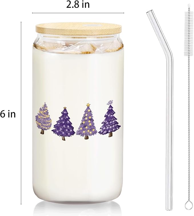Purple Christmas Tree gifts Glass Coffee Cup With Lid And Straws 14oz - Merry Christmas Drinking Jar Gift For Women Kids Men,Glass Cup For Purple Xmas Decor