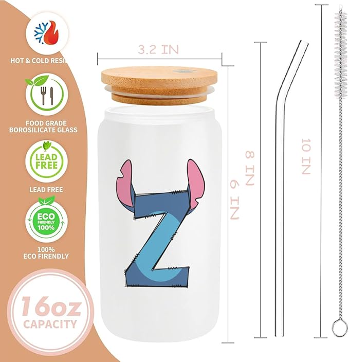 Cute Cartoon Lover Gifts Initial A-Z Personalized Iced Coffee Cup Cartoon Merch 16oz Glass Cup with Lid and Straws Birthday Christmas Gifts for Women Teen Girls Fans (Letter Z)