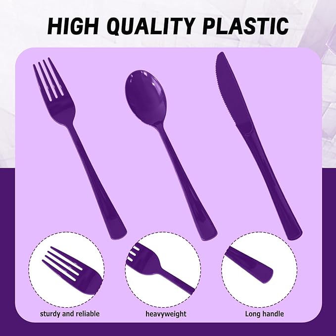 150 Pack Disposable Plastic Silverware, Heavy Duty Black Plastic Cutlery Set Includes 50 Forks 50 Knives 50 Spoons for Birthday Wedding Party Picnics (150, Purple)