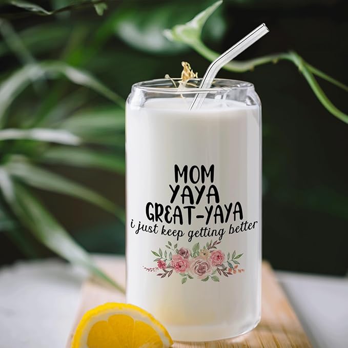 Christmas Grandma Gifts For Mom Yaya Great Yaya Glass Coffee Cup With Lid And Straws 14oz - christmas Glass Cup gifts For Grandmother