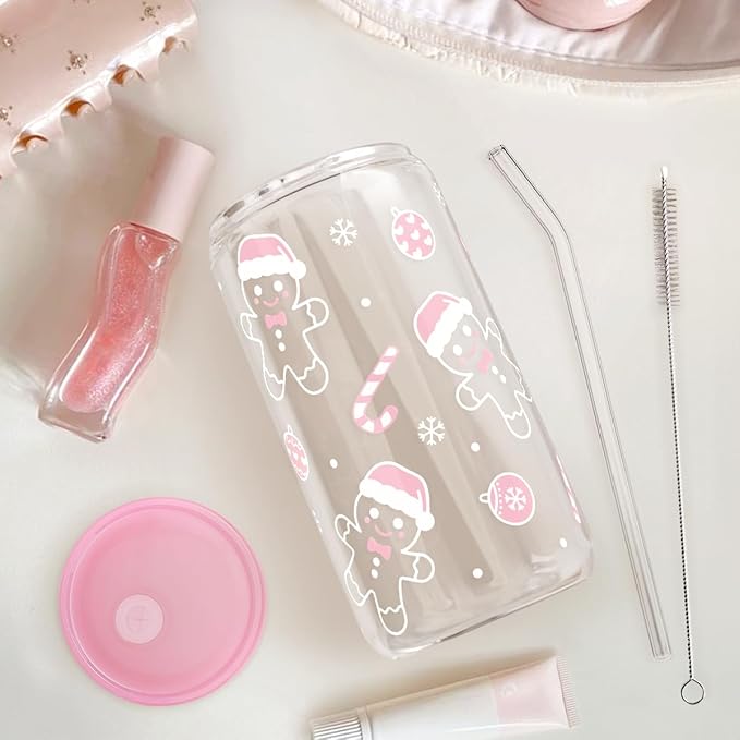 Christmas Gingerbread 16oz Can Glass Tumbler with Acrylic Lid & Straw, Iced Coffee Cup for Women Girls, Aesthetic Cups Gifts for Xmas