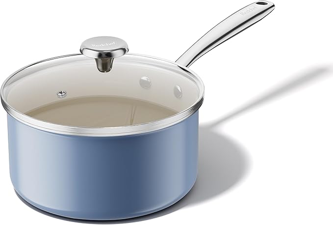 Redchef Nonstick Ceramic Sauce Pan With Lid, 3.5QT Small Cooking Pot with Stay-Cool Handle, Kitchen Non Toxic Soup Pot, PTFE & PFOA Free, Oven & Dishwasher Safe, Compatible with All Stovetops-Blue