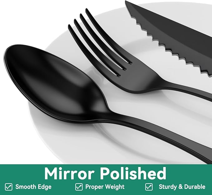 49-Piece Black Silverware Set with Organizer, Stainless Steel Flatware Set for 8 with Drawer Tray, Cutlery Steak Knives Fork Spoon for Home Restaurant, Mirror Finish, Dishwasher Safe