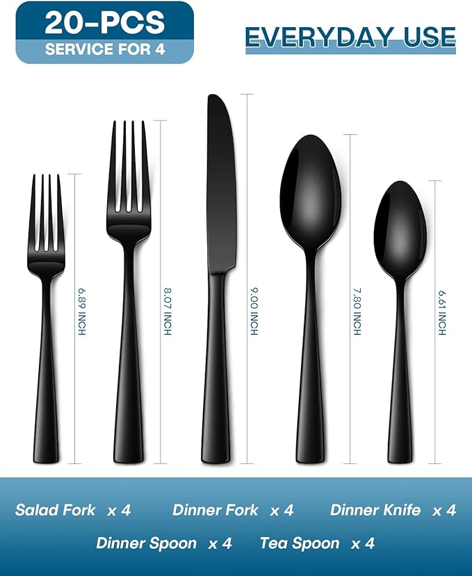 Stapava 20 Pcs Black Silverware Set, Food-Grade Stainless Steel Flatware Set for 4 Mirror Polished Cutlery Utensil Sets Include Dinner Forks Spoons and Knives Set Dishwasher Safe for Home Restaurant
