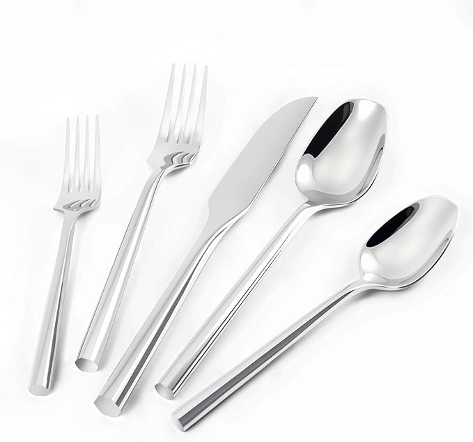 Silverware Set 20-Piece Stainless Steel Mirror Polishing Silver Cutlery, Hand Forged Thick Hexagon Handle Flatware Sets, Service for 4