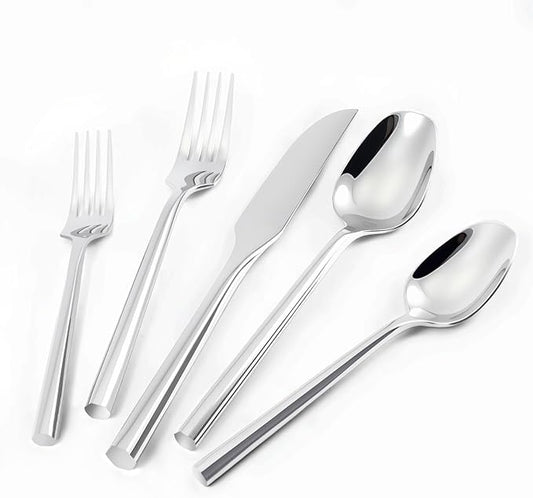 Silverware Set 20-Piece Stainless Steel Mirror Polishing Silver Cutlery, Hand Forged Thick Hexagon Handle Flatware Sets, Service for 4