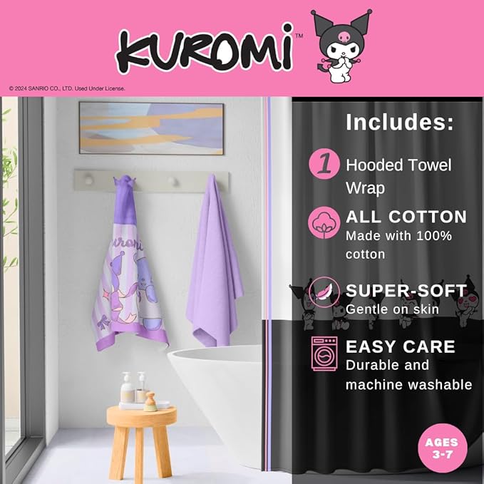 Sanrio Kuromi Kids Super Soft Bath/Pool/Beach Soft Cotton Terry Hooded Towel Wrap, 24 in x 50 in, (Officially Licensed Product) by Franco