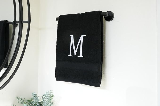 Black Initial Hand Towel for Bathroom - Monogrammed Luxury Hotel Quality Decorative Embroidered Towel for Powder Room, Spa - GOTS Organic Certified - Pack of 2, Letter M