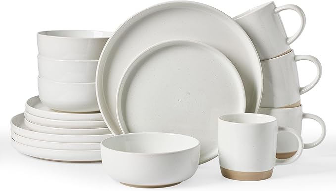Famiware Milkyway Stoneware Dinnerware Sets with Mugs, Service for 4 (16pcs), Plates and Bowls Sets, Scratch Resistant, Microwave and Dishwasher Safe Dishes Set, White