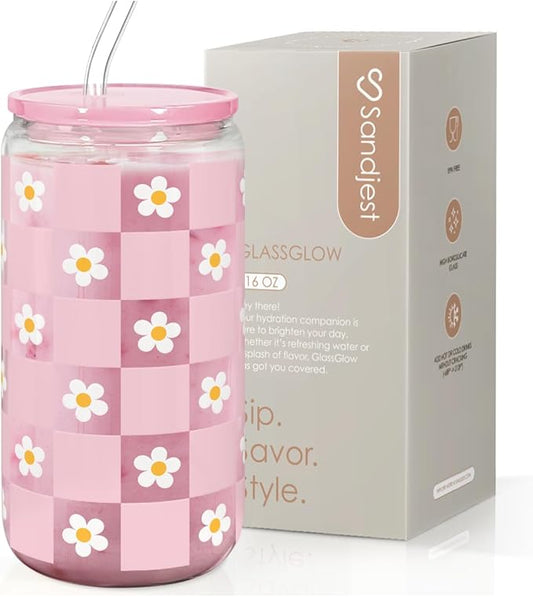 SANDJEST Checkerboard Daisies Glass Can, Floral Checker Cup with Lid & Straw, Iced Coffee Aesthetic Cups, Gift for Christmas Birthday Mother Day, Gifts for Women, 16oz