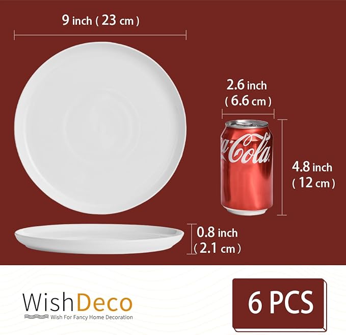 White Dinner Plates Set of 6, Porcelain Salad Plates 9 Inch, Modern Kitchen Plate, Round Serving Dishes, Microwave and Dishwasher Safe, Scratch Resistant, Smooth Glaze