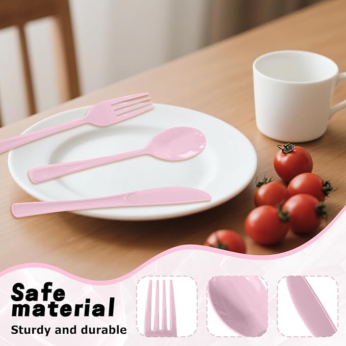 300 Pack Disposable Plastic Silverware, Heavy Duty Pink Plastic Cutlery Set Includes 100 Forks 100 Knives 100 Spoons for Birthday Wedding Party Picnics (300, Pink)