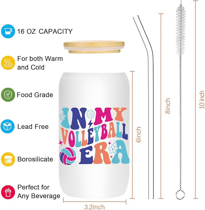 Volleyball Gifts for Teen Girls, Iced Coffee Cup, Volleyball Party Favors, 16 oz Glass Cups with Lids Straws, Volleyball Stuff, Christmas Gifts for Women Mom Coach Players Teams Volleyball Accessories