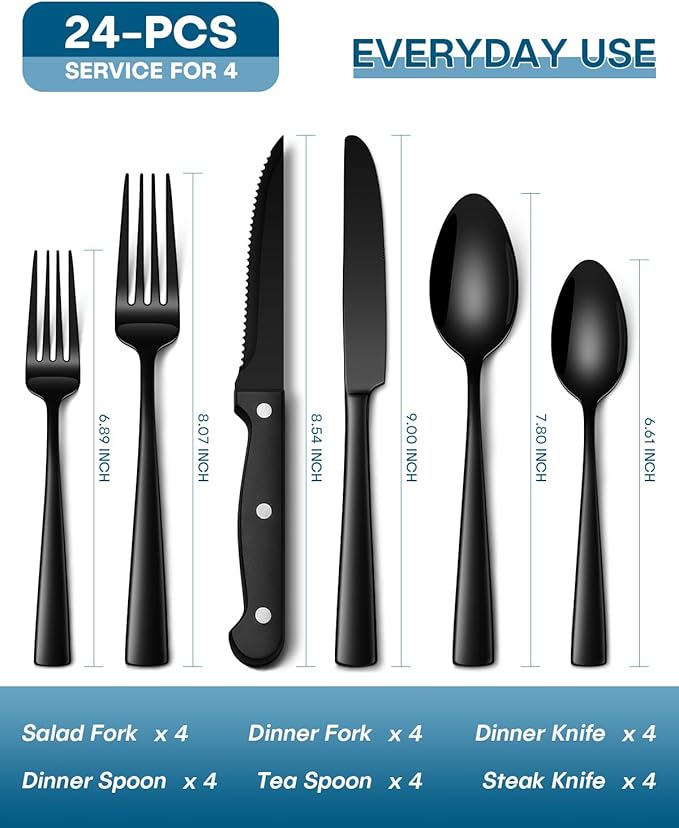 Stapava 24 Pcs Black Silverware Set with Steak Knives, Food-Grade Stainless Steel Flatware Set for 4 Mirror Polished Cutlery Utensil Sets Include Forks Spoons and Knives Set Dishwasher Safe