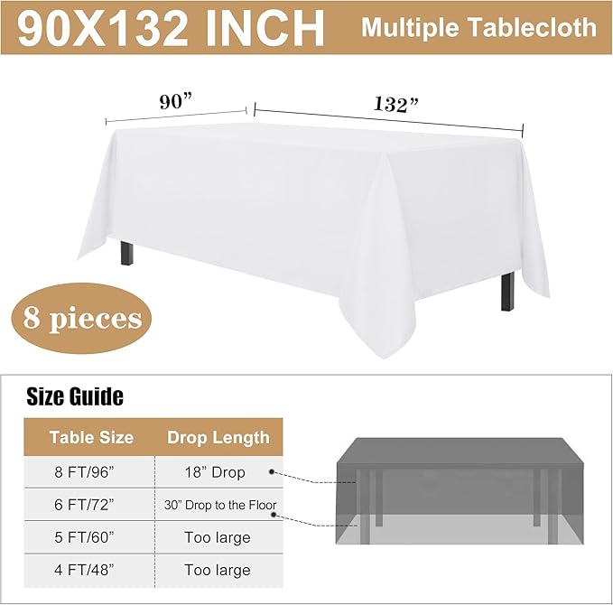sancua 8 Pack White Tablecloth 90 x 132 Inch - Rectangle Table Cloth for 6 Feet Tables Stain and Wrinkle Resistant Washable Polyester Table Cover for Dining Wedding Banquet Party Buffet Restaurant