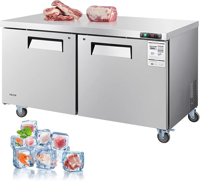 VEVOR 60" W Commercial Freezer, 14.8 Cu.Ft Worktop Freezers Undercounter with LED Auto Lighting and Lockable Door, 2 Doors Food Freezing Prep Worktable, Stainless Steel Prep Frozen Table with Casters