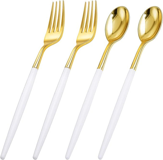 I00000 120 Pcs Disposable Dinnerware - Gold Plastic Utensils Set with White Handle, Include 60 Forks, 60 Spoons for Dinner Wedding Party