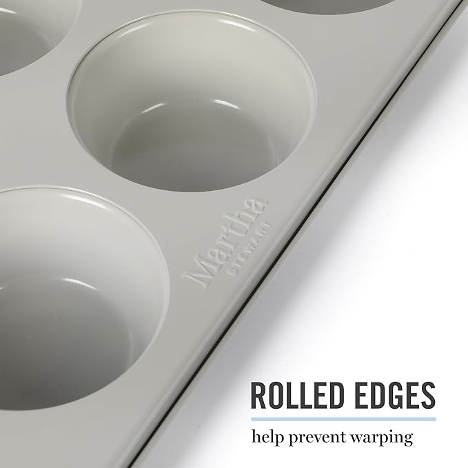 Martha Stewart Gallen 12-Cup Nonstick Carbon Steel Muffin and Cupcake Pan – Cool Grey, Durable Bakeware for Even Baking and Easy Release