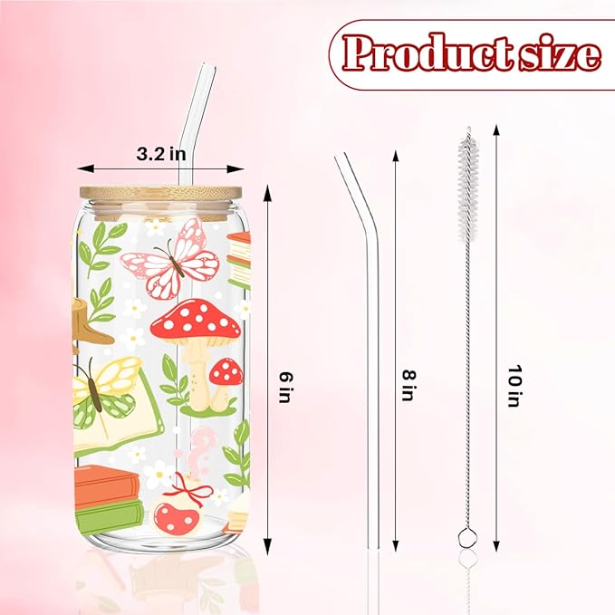 Whimsical Bookish Forest Iced Coffee Cup, Fantasy Cottagecore Glass Tumbler, 16 oz Cozy Reading Coffee Glass Cup with Lid Straw, Christmas Stocking Stuffers, Enchanted Book Lover Gift