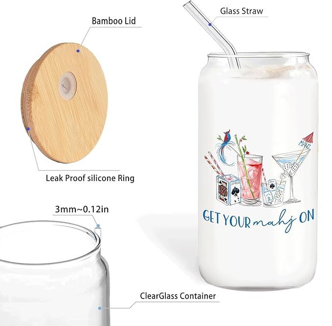 Trendy Mahjong Cocktail Glass Cup with Lids and Straws 14oz, Gifts for Mahjong Players Lovers, Mah Jong Accessories Glass Iced Coffee Tumbler Drinking Jars with Cleaning Brush